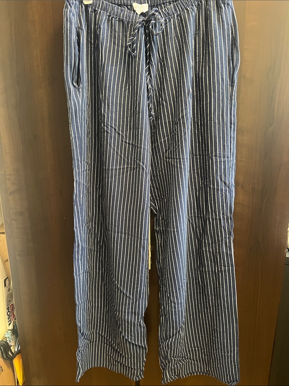 Blue and white casual wide leg pants  Pants. Drawstring waist size L
